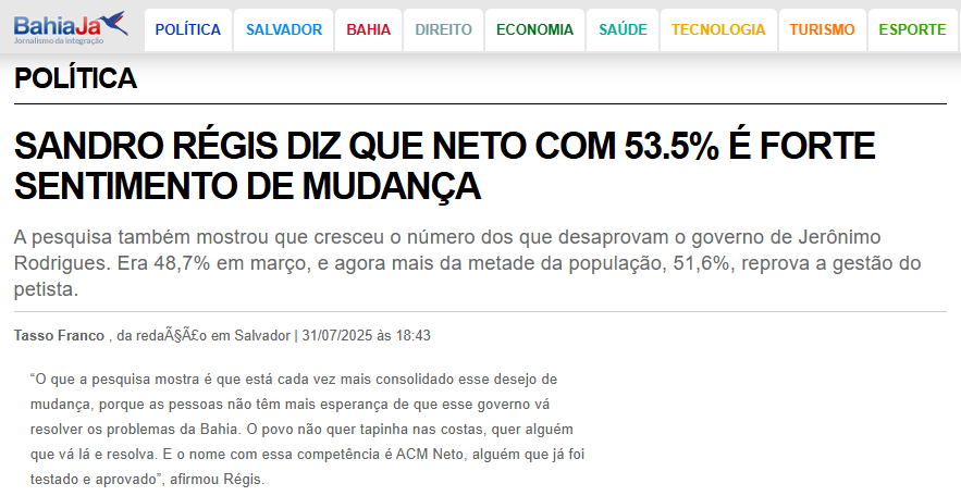 Bahia Já cita pesquisa realizada pela Paraná Pesquisas no Estado da Bahia.