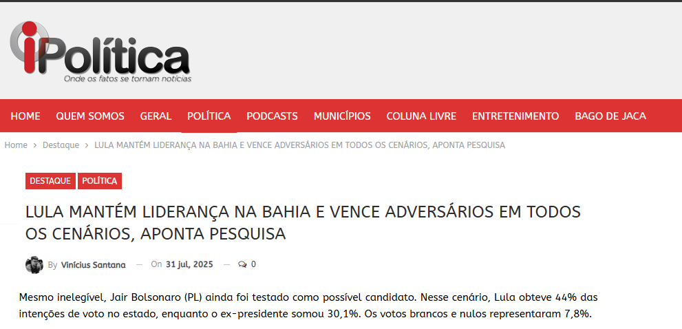 I Política cita pesquisa realizada pela Paraná Pesquisas no Estado da Bahia.