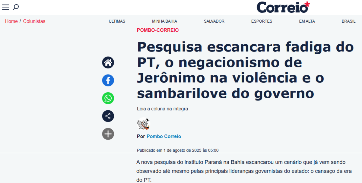 Correio 24 Horas cita pesquisa realizada pela Paraná Pesquisas no Estado da Bahia.