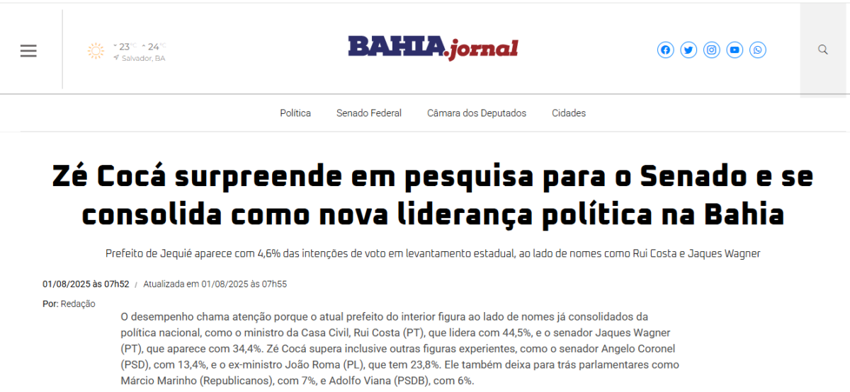 Bahia Jornal cita pesquisa realizada pela Paraná Pesquisas no Estado da Bahia.