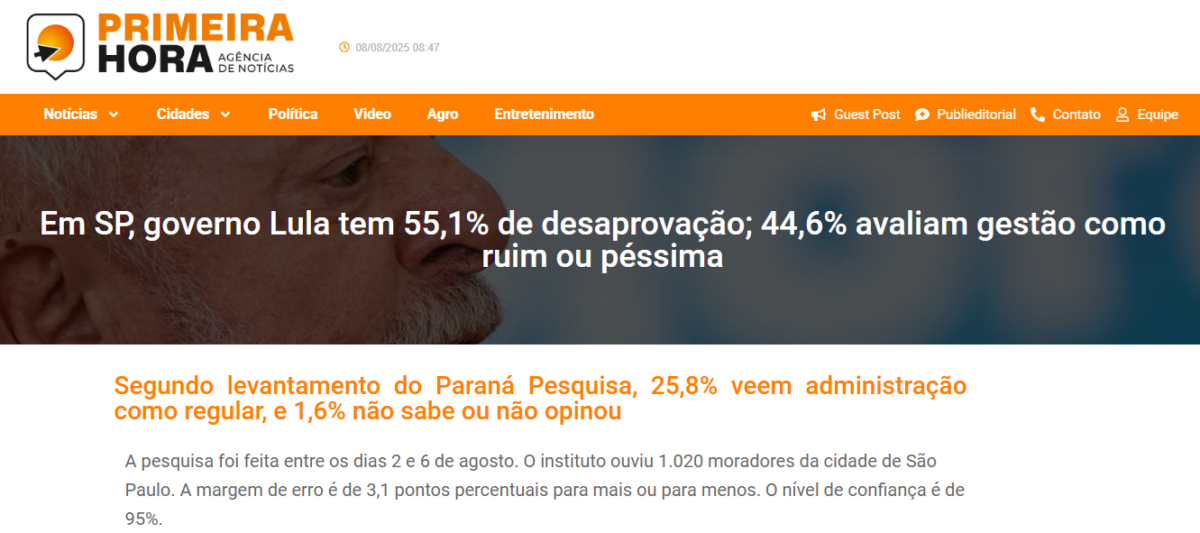 Primeira Hora cita pesquisa realizada pela Paraná Pesquisas em São Paulo. 2 Primeira Hora cita pesquisa realizada pela Paraná Pesquisas em São Paulo.