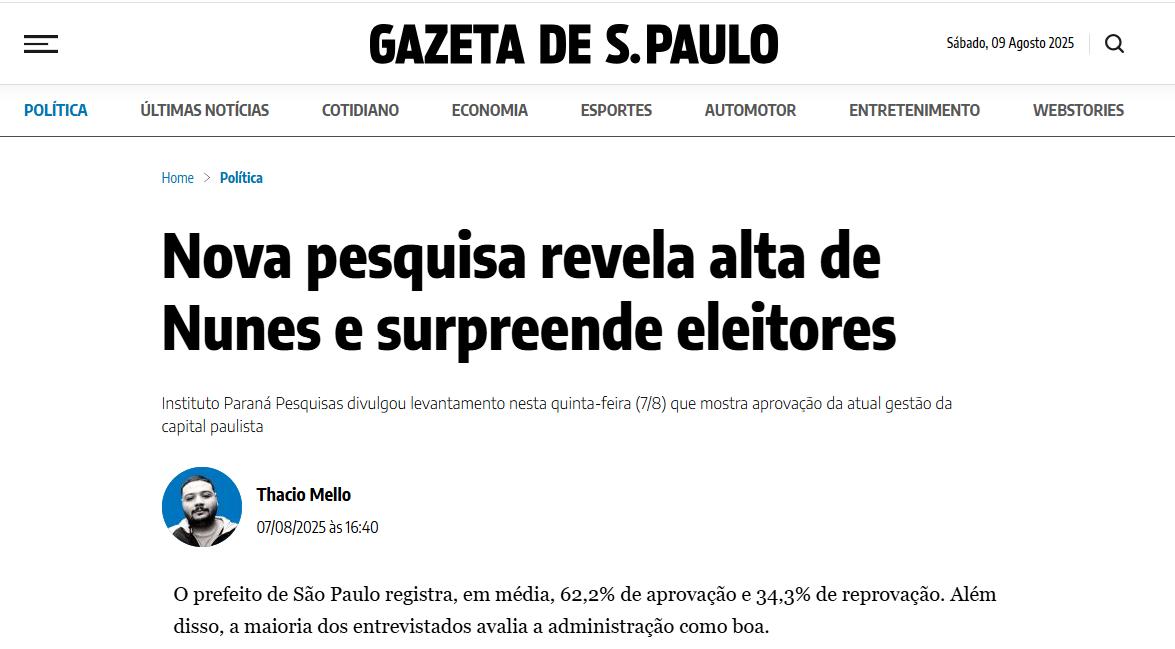 Gazeta de São Paulo cita pesquisa realizada pela Paraná Pesquisas em São Paulo. 2 Gazeta de São Paulo cita pesquisa realizada pela Paraná Pesquisas em São Paulo.