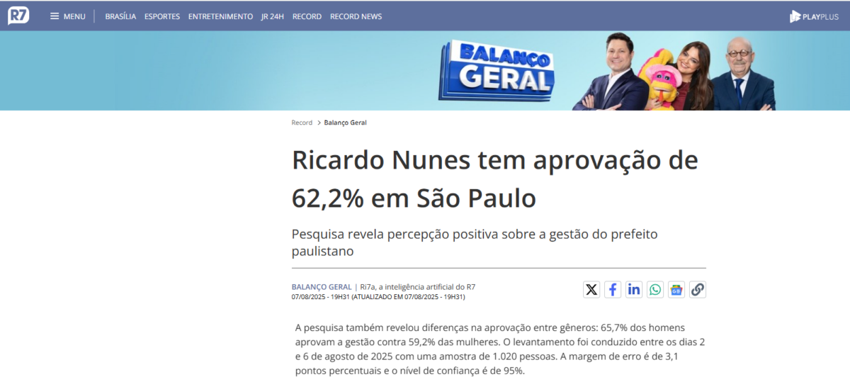 Record News cita pesquisa realizada pela Paraná Pesquisas em São Paulo. 2 Record News cita pesquisa realizada pela Paraná Pesquisas em São Paulo.