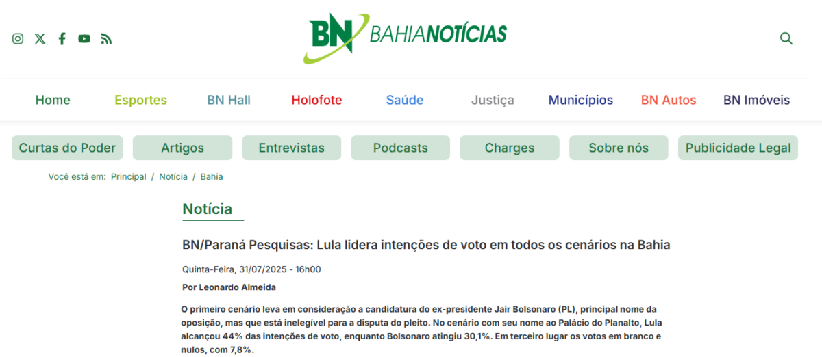 Bahia Notícias cita pesquisa realizada pela Paraná Pesquisas no Estado da Bahia.