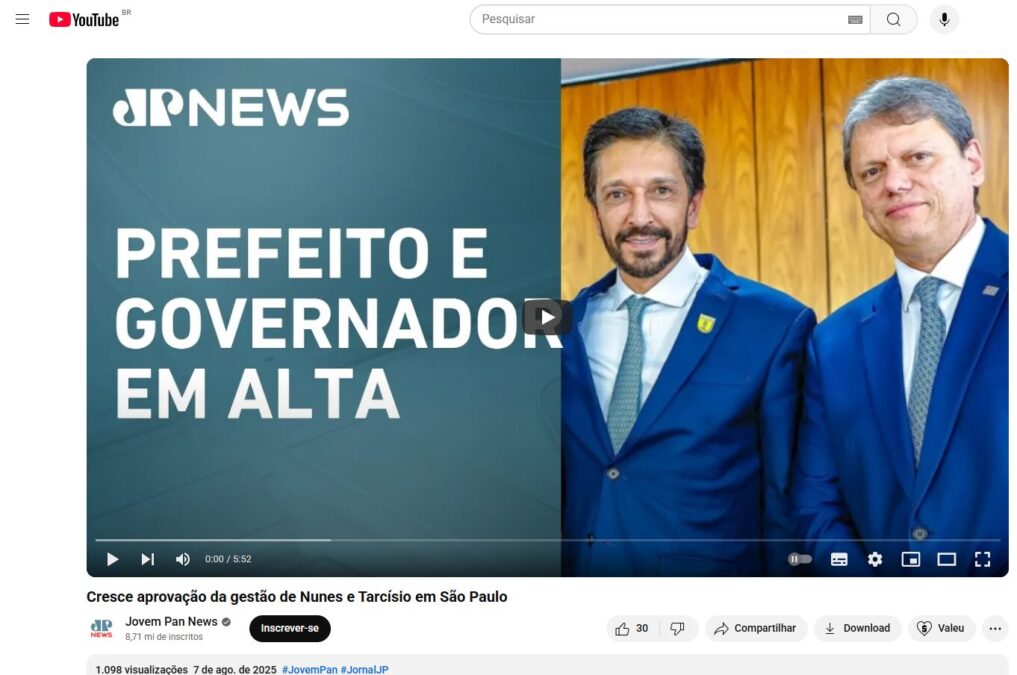 Jovem Pan News cita pesquisa realizada pela Paraná Pesquisas em São Paulo.