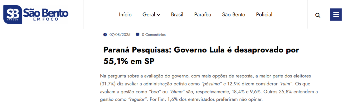 São Bento em Foco cita pesquisa realizada pela Paraná Pesquisas em São Paulo. 2 São Bento em Foco cita pesquisa realizada pela Paraná Pesquisas em São Paulo.