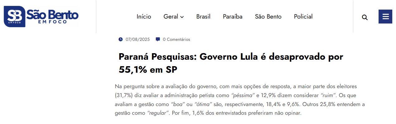 São Bento em Foco cita pesquisa realizada pela Paraná Pesquisas em São Paulo. 1 São Bento em Foco cita pesquisa realizada pela Paraná Pesquisas em São Paulo.