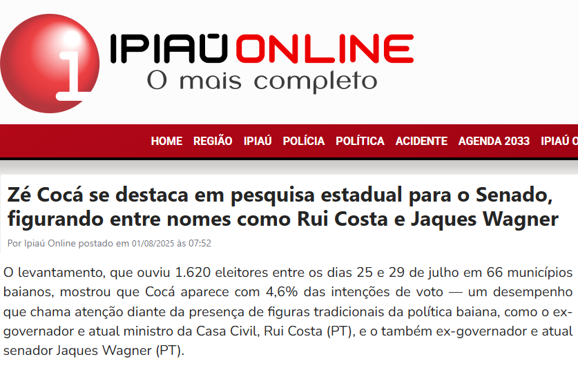 Ipiaú Online cita pesquisa realizada pela Paraná Pesquisas no Estado da Bahia. 2 Ipiaú Online cita pesquisa realizada pela Paraná Pesquisas no Estado da Bahia.