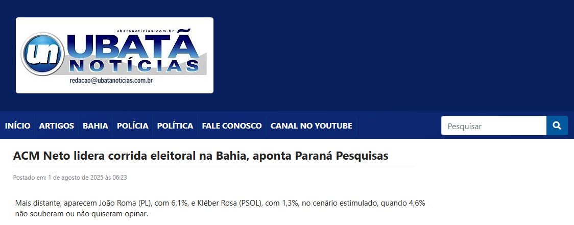 Ubatã Notícias cita pesquisa realizada pela Paraná Pesquisas no Estado da Bahia. 2 Ubatã Notícias cita pesquisa realizada pela Paraná Pesquisas no Estado da Bahia.