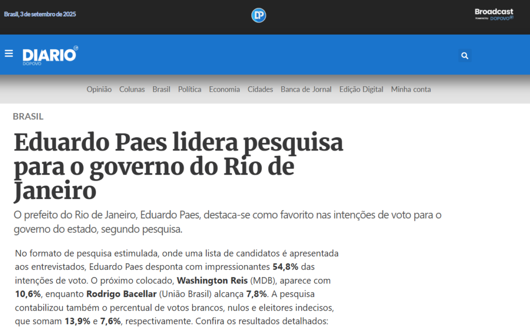 Diário do Povo cita pesquisa realizada pela Paraná Pesquisas no Estado do Rio de Janeiro. 2 Diário do Povo cita pesquisa realizada pela Paraná Pesquisas no Estado do Rio de Janeiro.