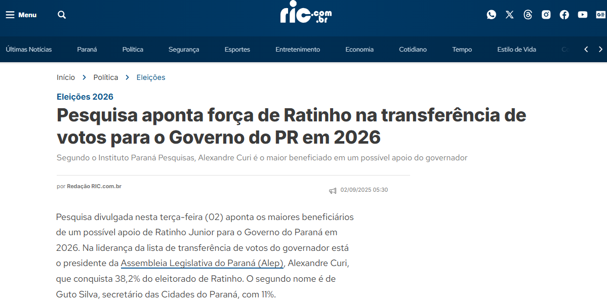Ric cita pesquisa realizada pela Paraná Pesquisas no Município de Curitiba e RMC. 2 Ric cita pesquisa realizada pela Paraná Pesquisas no Município de Curitiba e RMC.