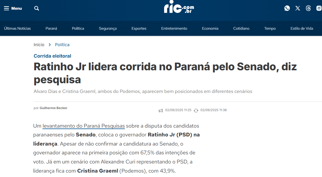 RIC cita pesquisa realizada pela Paraná Pesquisas no Município de Curitiba e RMC. 2 RIC cita pesquisa realizada pela Paraná Pesquisas no Município de Curitiba e RMC.