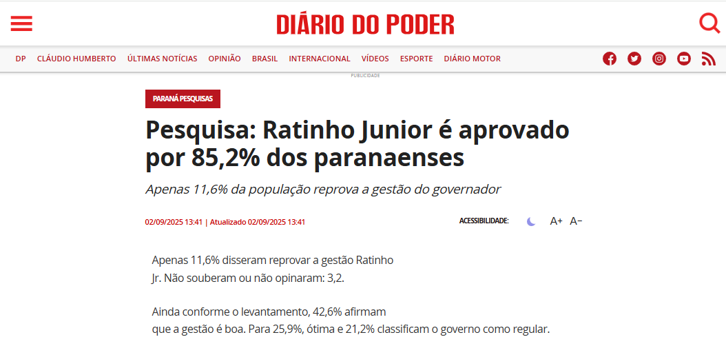 Diário do Poder cita pesquisa realizada pela Paraná Pesquisas no Município de Curitiba e RMC.