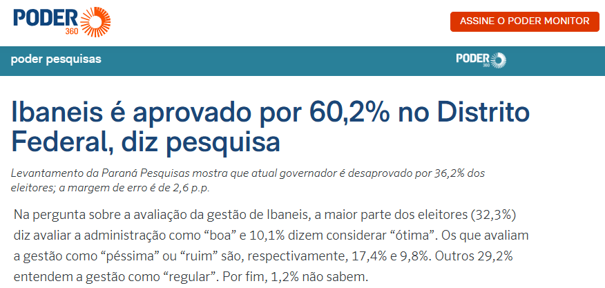 Poder 360 cita pesquisa realizada pela Paraná Pesquisas no Distrito Federal.