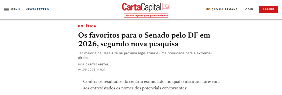 Carta Capital cita pesquisa realizada pela Paraná Pesquisas no Distrito Federal. 2 Carta Capital cita pesquisa realizada pela Paraná Pesquisas no Distrito Federal.