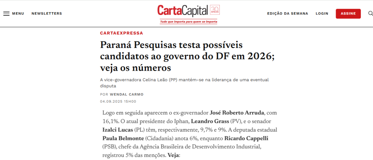 Carta Capital cita pesquisa realizada pela Paraná Pesquisas no Distrito Federal.