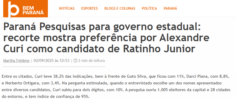 Bem Paraná cita pesquisa realizada pela Paraná Pesquisas no Município de Curitiba e RMC.