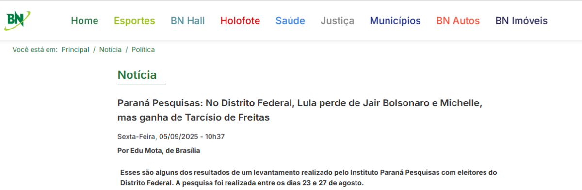 Bahia Notícias cita pesquisa realizada pela Paraná Pesquisas no Distrito Federal.