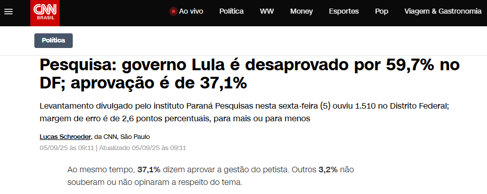 CNN Brasil cita pesquisa realizada pela Paraná Pesquisas no Distrito Federal. 2 CNN Brasil cita pesquisa realizada pela Paraná Pesquisas no Distrito Federal.