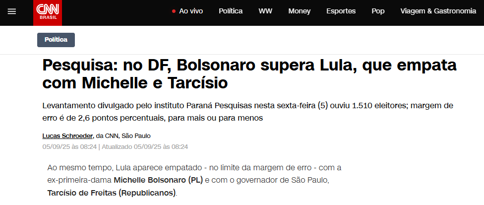 CNN Brasil cita pesquisa realizada pela Paraná Pesquisas no Distrito Federal. 2 CNN Brasil cita pesquisa realizada pela Paraná Pesquisas no Distrito Federal.