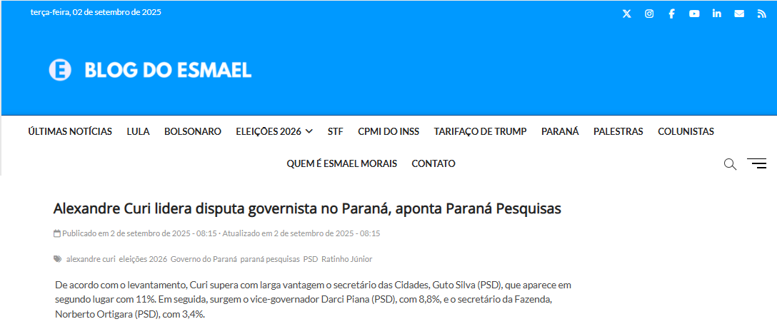 Blog do Esmael cita pesquisa realizada pela Paraná Pesquisas no Município de Curitiba e RMC.
