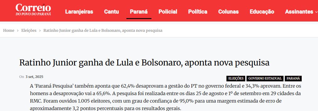 Jornal Correio do Povo cita pesquisa realizada pela Paraná Pesquisas no Município de Curitiba e RMC.