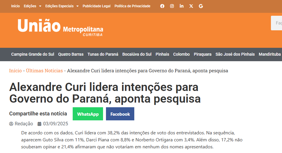 União Metropolitana cita pesquisa realizada pela Paraná Pesquisas no Município de Curitiba e RMC.