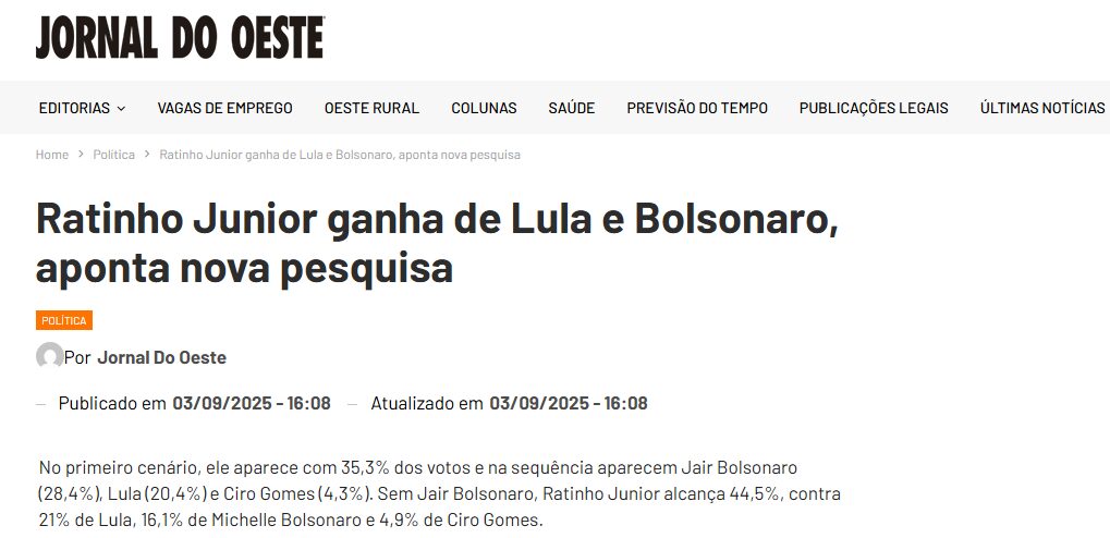 Jornal do Oeste cita pesquisa realizada pela Paraná Pesquisas no Município de Curitiba e RMC.