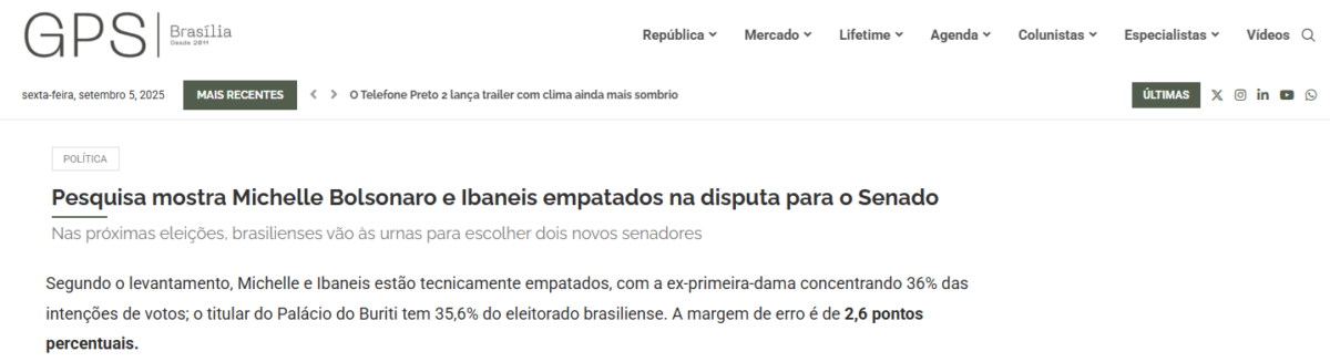 GPS Brasília cita pesquisa realizada pela Paraná Pesquisas no Distrito Federal.