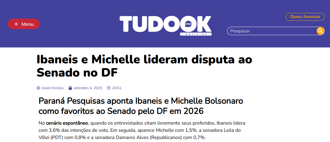 Tudo Ok cita pesquisa realizada pela Paraná Pesquisas no Distrito Federal. 2 Tudo Ok cita pesquisa realizada pela Paraná Pesquisas no Distrito Federal.