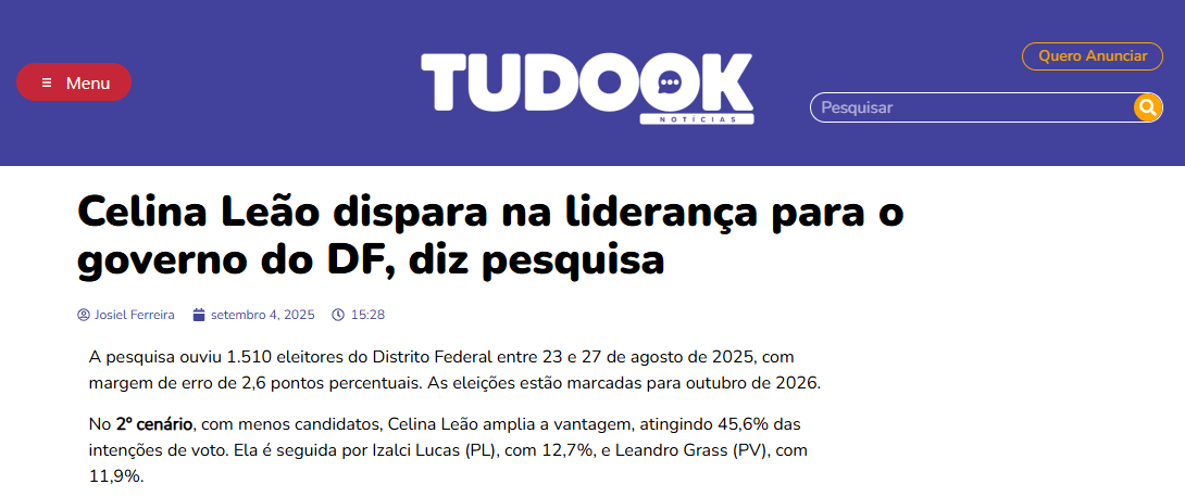 Tudo Ok cita pesquisa realizada pela Paraná Pesquisas no Distrito Federal. 2 Tudo Ok cita pesquisa realizada pela Paraná Pesquisas no Distrito Federal.