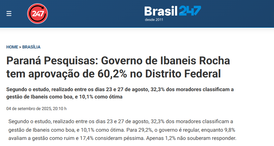 Brasil 247 cita pesquisa realizada pela Paraná Pesquisas no Distrito Federal.