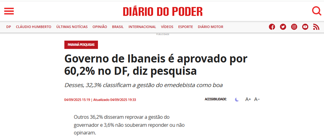 Diário do Poder cita pesquisa realizada pela Paraná Pesquisas no Distrito Federal.