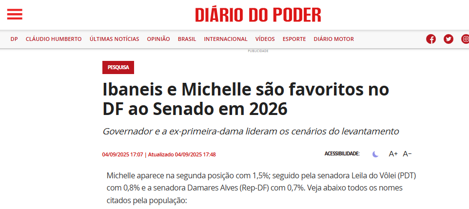 Diário do Poder cita pesquisa realizada pela Paraná Pesquisas no Distrito Federal.