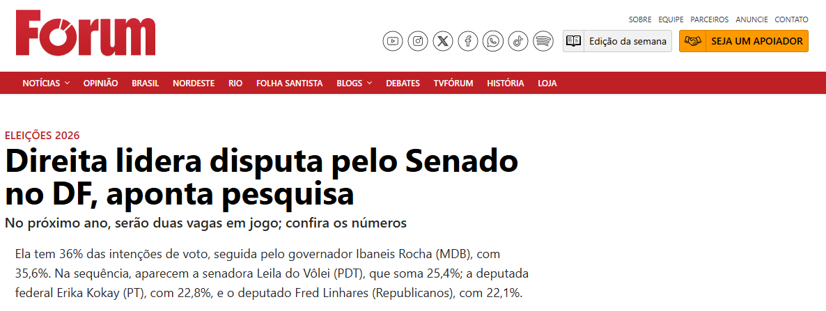 Revista Forum cita pesquisa realizada pela Paraná Pesquisas no Distrito Federal. 2 Revista Forum cita pesquisa realizada pela Paraná Pesquisas no Distrito Federal.