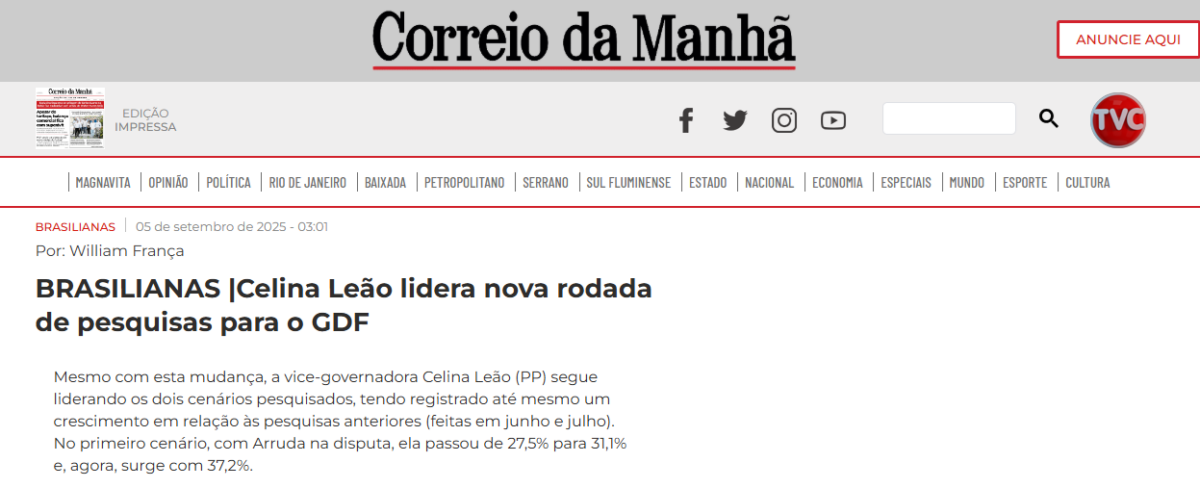 Correio da Manhã cita pesquisa realizada pela Paraná Pesquisas no Distrito Federal. 2 Correio da Manhã cita pesquisa realizada pela Paraná Pesquisas no Distrito Federal.