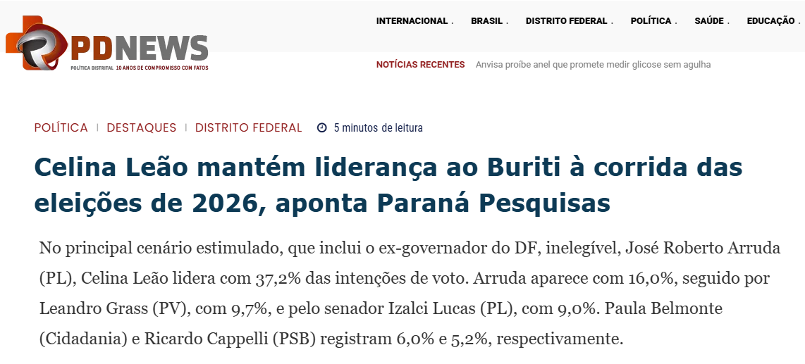 Política Distrital News cita pesquisa realizada pela Paraná Pesquisas no Distrito Federal.