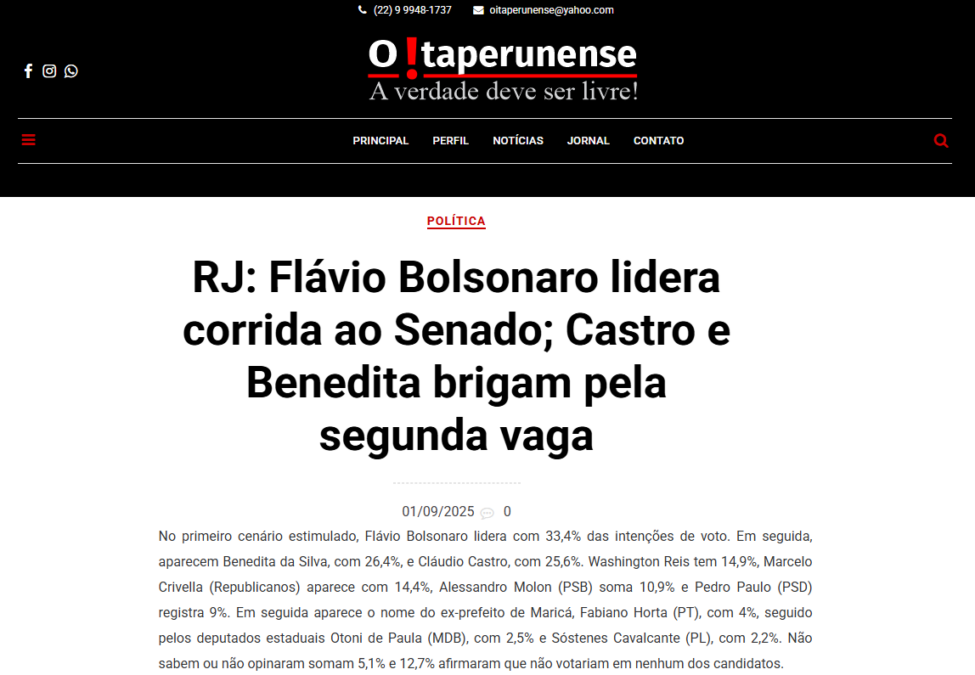O Itaperunense cita pesquisa realizada pela Paraná Pesquisas no Estado do Rio de Janeiro.