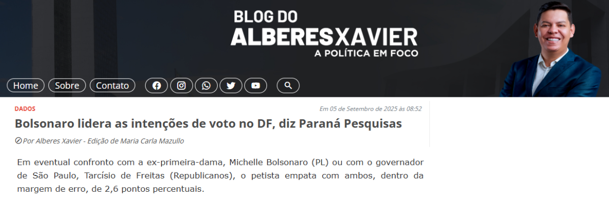 Blog do Alberes Xavier cita pesquisa realizada pela Paraná Pesquisas no Distrito Federal.
