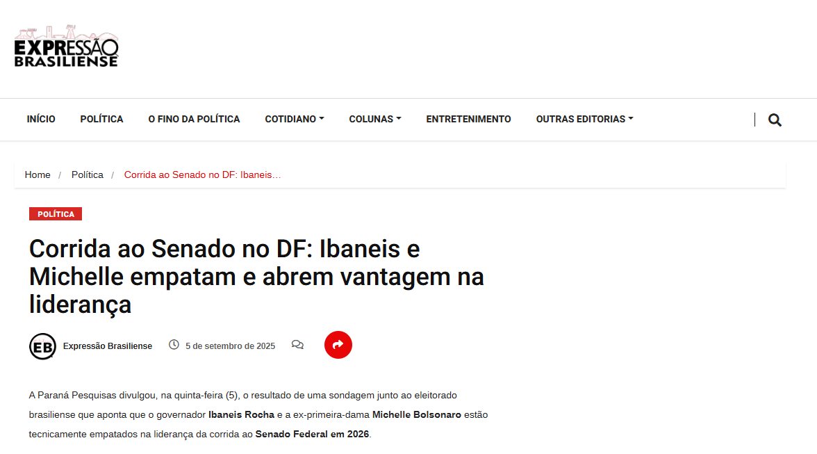 Expressão Brasiliense cita pesquisa realizada pela Paraná Pesquisas no Distrito Federal. 2 Expressão Brasiliense cita pesquisa realizada pela Paraná Pesquisas no Distrito Federal.