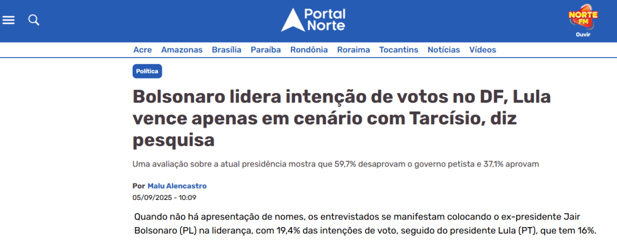 Portal Norte cita pesquisa realizada pela Paraná Pesquisas no Distrito Federal. 2 Portal Norte cita pesquisa realizada pela Paraná Pesquisas no Distrito Federal.