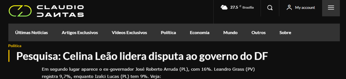 Blog Claudio Dantas cita pesquisa realizada pela Paraná Pesquisas no Distrito Federal. 2 Blog Claudio Dantas cita pesquisa realizada pela Paraná Pesquisas no Distrito Federal.