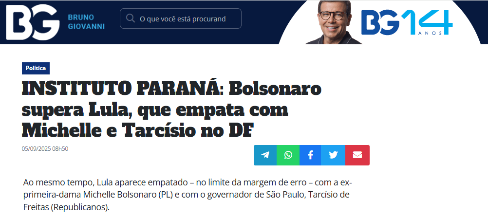 Blog Bruno Giovanni cita pesquisa realizada pela Paraná Pesquisas no Distrito Federal.