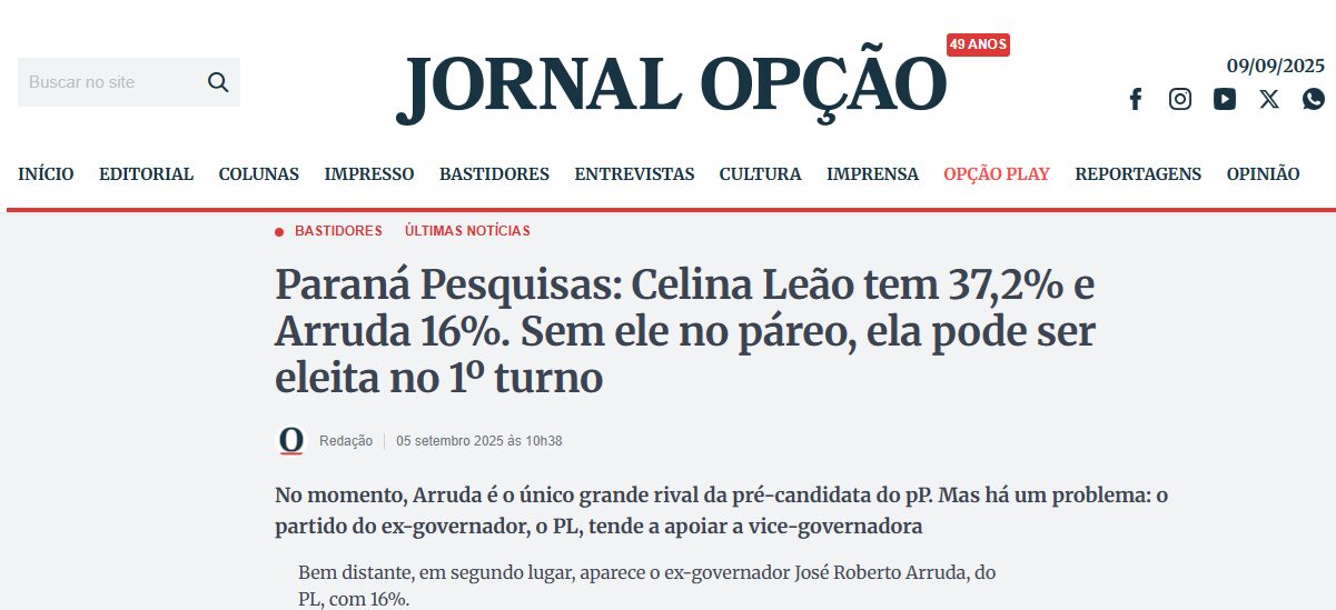 Jornal Opção cita pesquisa realizada pela Paraná Pesquisas no Distrito Federal.