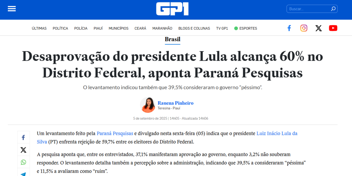 GP1 cita pesquisa realizada pela Paraná Pesquisas no Distrito Federal. 2 GP1 cita pesquisa realizada pela Paraná Pesquisas no Distrito Federal.