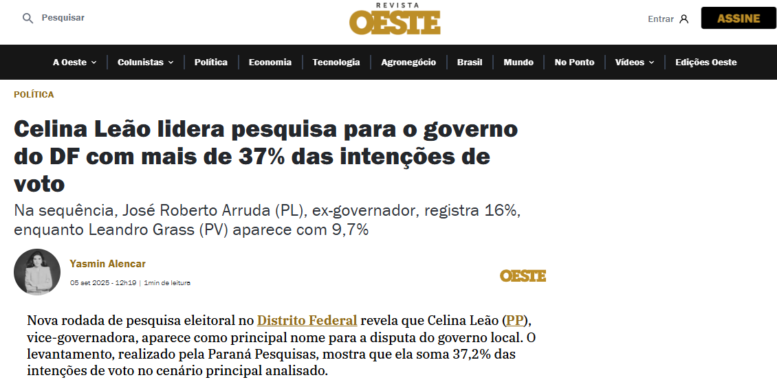 Revista Oeste cita pesquisa realizada pela Paraná Pesquisas no Distrito Federal. 2 Revista Oeste cita pesquisa realizada pela Paraná Pesquisas no Distrito Federal.