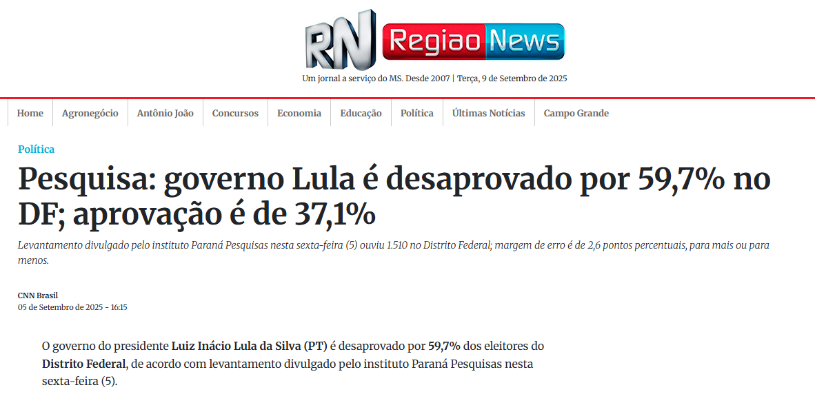 Região News cita pesquisa realizada pela Paraná Pesquisas no Distrito Federal.