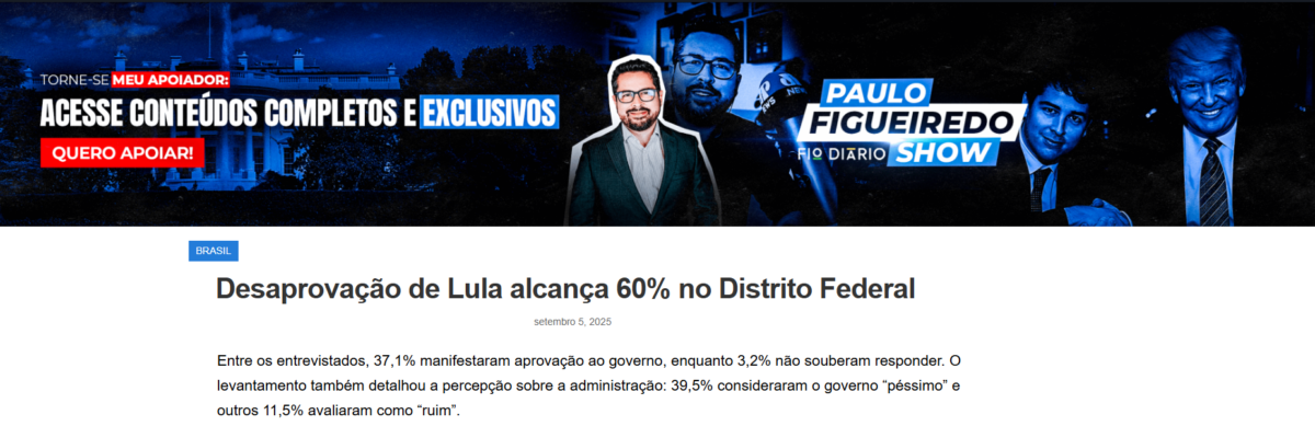 Paulo Figueiredo Show cita pesquisa realizada pela Paraná Pesquisas no Distrito Federal.