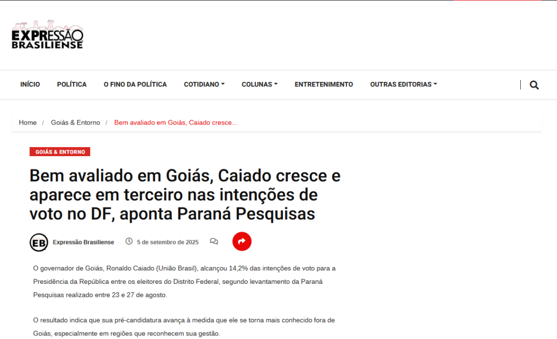 Expressão Brasiliense cita pesquisa realizada pela Paraná Pesquisas no Distrito Federal.