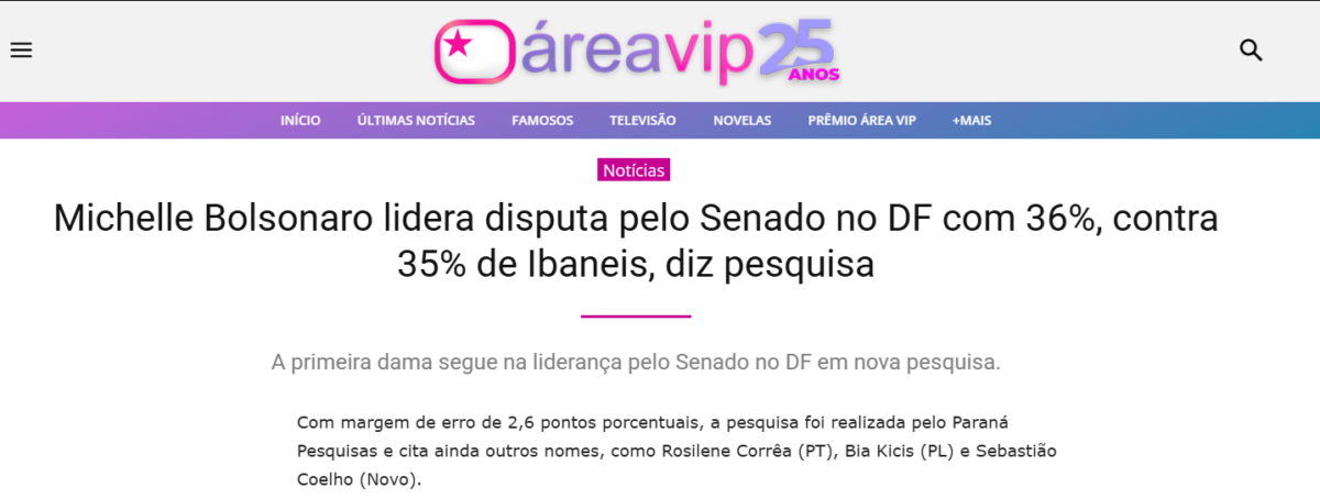 Área Vip cita pesquisa realizada pela Paraná Pesquisas no Distrito Federal. 2 Área Vip cita pesquisa realizada pela Paraná Pesquisas no Distrito Federal.